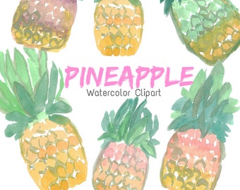 Watercolor tropical pineapple clipart, fruit graphics in png format digital download, commercial use