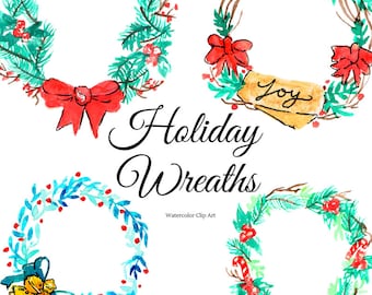 Christmas holiday wreath clipart, watercolor, holly, pine, holiday, floral,commercial use