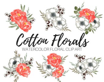 Rustic Bouquet Clip Art - Cotton clip art - Floral Clip Art - Flower Clip Art - Watercolor flowers - Wedding Clip Art - Commercial use