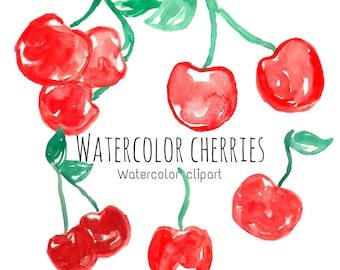 Watercolor Cherry Clip Art - Watercolor art - Watercolor fruit - Hand painted clip art - Scrapbook clip art - Commercial Use