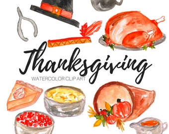 Thanksgiving clipart - Watercolor, thanksgiving feast, pumpkin pie, cornacopia, harvest, fall autumn feast, food, commercial use PNG