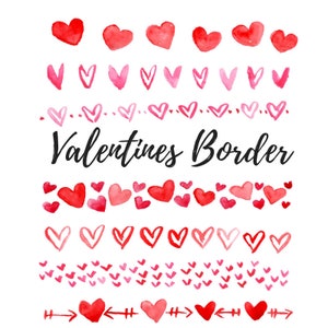 Watercolor valentines day border clipart, doodle hearts valentines day divider commercial use