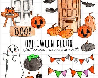 Watercolor halloween clipart, halloween home decor graphics, ghost, pumpkin, trick or treat illustration png file commercial use