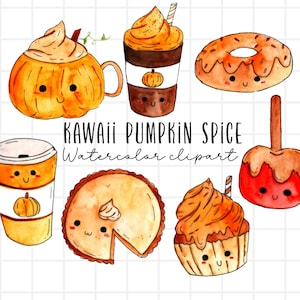 Watercolor clipart - Kawaii, Pumpkin spice, cute, pumpkin, coffee, tea, pie, donut, fall autumn illustration commercial use clipart