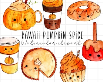 水彩画のクリップアート - かわいい、パンプキンスパイス、かわいい、カボチャ、コーヒー、紅茶、パイ、ドーナツ、秋のイラスト、商用利用のクリップアート