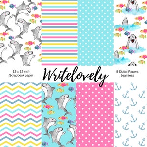 Seamless scrapbook paper pack - tropical shark paper- digital paper - ocean - shark - fish - commercial use