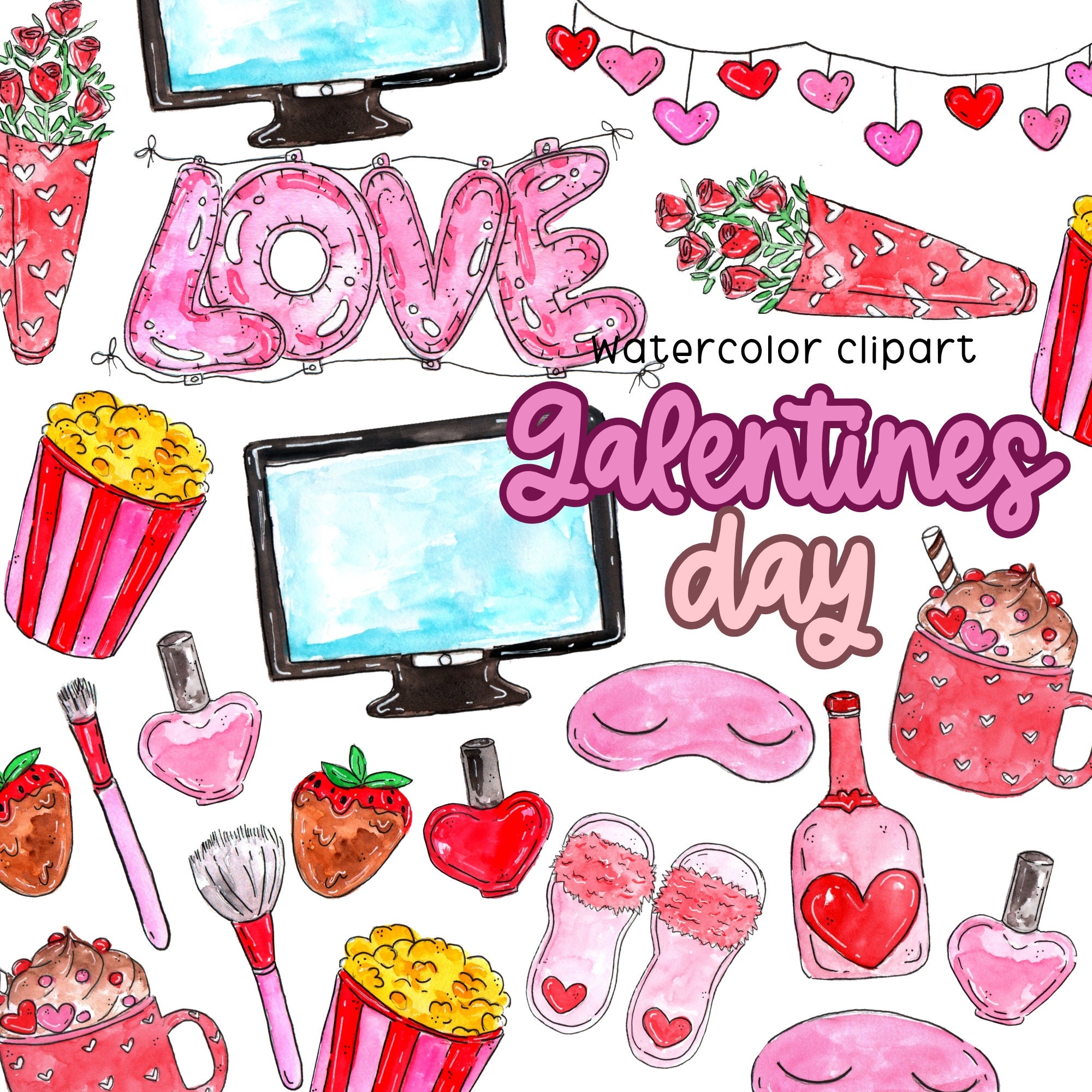 Watercolor Valentines Clipart, Watercolor Gift Box Clipart, PNG, Red Heats,  Valentines Day Gift, Wedding Design, Cute Love Clipart, Red Gift 