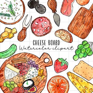Watercolor charcuterie board clipart, cheese board graphics in png format digital download commercial use