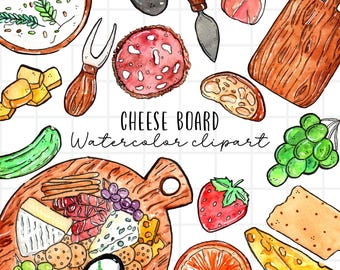 Watercolor charcuterie board clipart, cheese board graphics in png format digital download commercial use