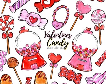 Valentines day candy watercolor clipart, heart candy, gum ball machine, chocolate, dessert, vday gift, lollipop commercial use