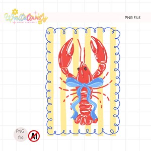 May include: A digital illustration of a red lobster with a blue bow, set against a yellow and white striped background. The lobster is framed by a blue, wavy border. The words "PNG file" are visible.