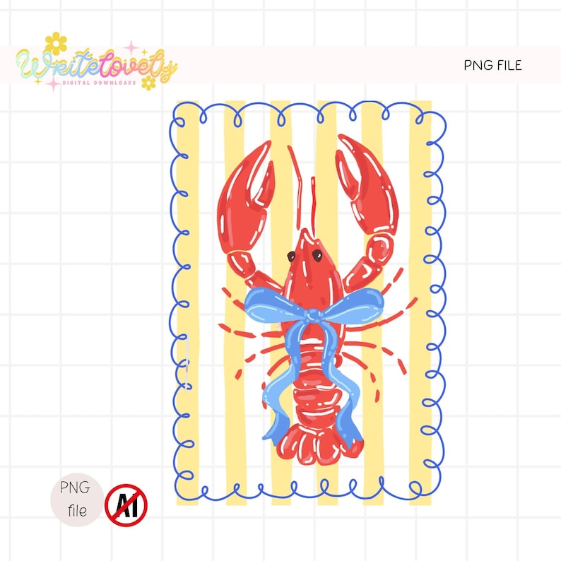 May include: A digital illustration of a red lobster with a blue bow, set against a yellow and white striped background. The lobster is framed by a blue, wavy border. The words "PNG file" are visible.