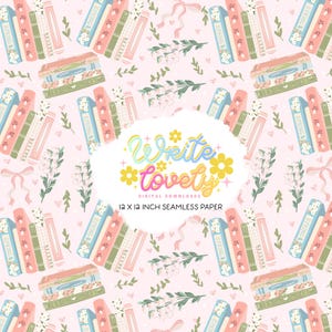 May include: Seamless digital paper with a repeating pattern of books, floral elements, and bows on a pink background. The books are in pastel colors with the words "Spring" and "Recipes". The text "Write Lovely" is also visible.