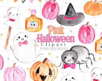 Op de afbeelding: Aquarelillustraties van Halloween-elementen, waaronder roze en oranje pompoenen, een zwarte heksenhoed, spoken met roze vlinderdassen, een spin met een roze vlinderdas en een toverdrankflesje met een schedellabel. Tekst Pink Halloween Clipart.