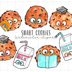 Watercolor clipart, smart cookies, chocolate chip cookie, milk, back to school kawaii, commercial use, png