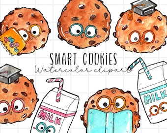 Watercolor clipart, smart cookies, chocolate chip cookie, milk, back to school kawaii, commercial use, png