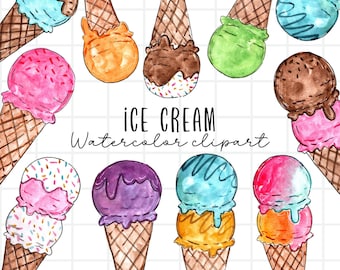Clipart de acuarela: helado, cono de helado, golosina congelada, golosina de verano, helado de dos bolas para uso comercial por sublimación
