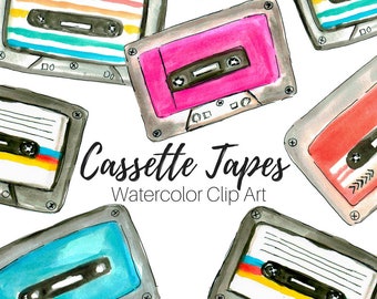 Watercolor clip art - Retro Clip Art - Cassette Tape - Music Clip Art - Vintage Clip Art - Commercial Use