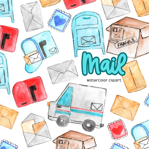 watercolor mail man clip art - post office graphics - mail - letter - mail truck - envelope - stamp - digital download