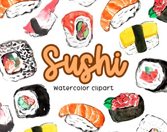 Watercolor sushi clipart, California roll, nagiri, sushi roll, tomato, Japanese food digital download commercial use