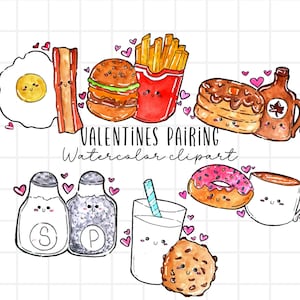 Aquarelle kawaii valentine food pairing clipart, utilisation commerciale de téléchargement numérique de graphiques de dessin animé