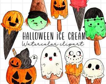 Cute Halloween clipart, watercolor spooky food ice cream, creepy popsicle, summer goth food illustration commercial use