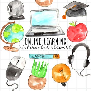 watercolor online learning  clipart - school - remote learning graphics - homeschool - commercial use