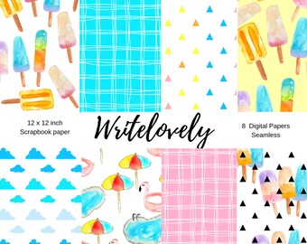 Naadloos zomer digitaal papierpakket - pool digitaal plakboekpapier - commercieel gebruik