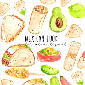Watercolor mexican food clipart, taco, burrito, nacho, elote graphics in png format, digital download commercial use