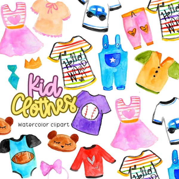 Watercolor clipart - Childern Clipart - Kids clipart - Fashion clipart - Kids Clothing clipart - Commercial use.