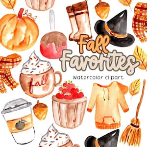 Watercolor halloween fall clipart, autumn elements,  pumpkins, coffee witch hat graphics in png format, digital download commercial use
