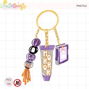 May include: A gold keychain with a purple and orange beaded tassel, a purple tube with the word "HORROR", and a book with a ghost illustration. The keychain is a digital download.
