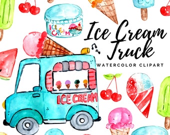 Watercolor ice cream truck clipart, ice cream graphics in png format summer illustration commercial use