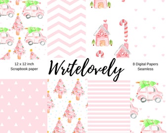 Seamless pink Christmas car scrapbook paper - holiday digital paper - commercial use