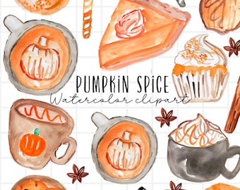 Watercolor pumpkin spice clipart. Fall autumn treats illustration in png format for commercial use