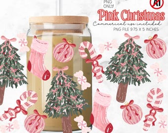 Pink Christmas Cup Wrap, Girly Christmas Bow Ice Coffee Cup Wrap, Christmas Coquette PNG Digital Download