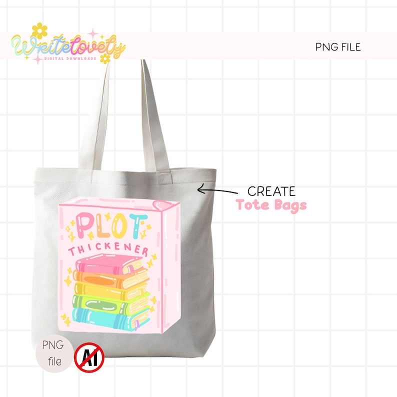 Op de afbeelding: Een lichtgrijze draagtas met een kleurrijke afbeelding van een stapel boeken met het opschrift "PLOT THICKENER". De boeken zijn in regenboogkleuren. De tas heeft lange hengsels en de tekst "CREATE Tote Bags" staat aan de rechterkant.