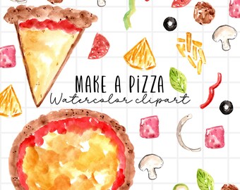 Watercolor pizza clipart - make your own pizza graphics - food graphics -  commercial use
