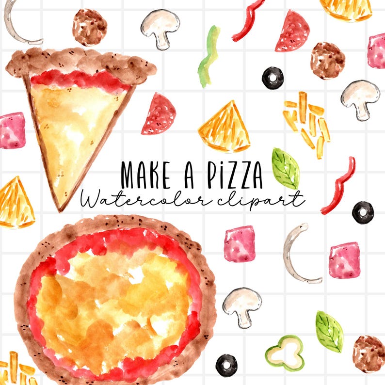 Watercolor pizza clipart - make your own pizza graphics - food graphics - commercial use image 1
