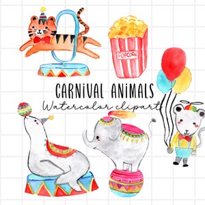 Cute watercolor circus animal clipart, carnival png commercial use digital download