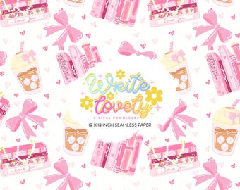 Pink Girly Coffee bookish Seamless Pattern,  Cute Pink  Reading Digital Scrapbook Paper (Digital Download)