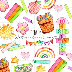 Watercolor chalk clipart, sidewalk chalk, art supplies, summer, kid chalk, digital download commercial use