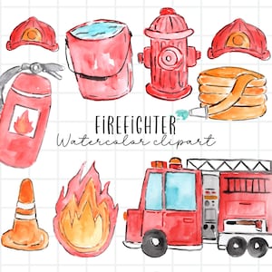 Watercolor fire truck , fire fighter clipart, Fireman graphics in png format, digital download commercial use