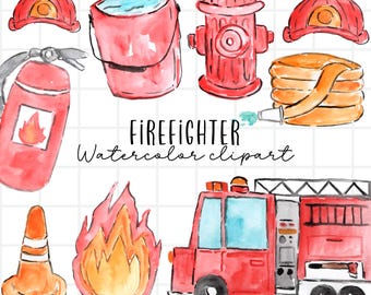 Watercolor fire truck , fire fighter clipart, Fireman graphics in png format, digital download commercial use