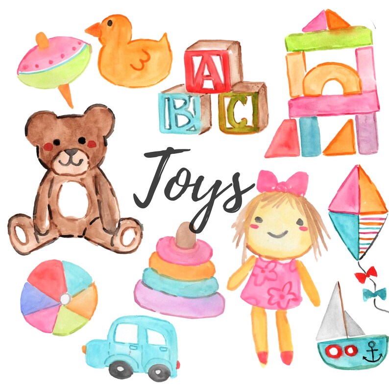 Watercolor clip art Toys teddy bear doll blocks toy Etsy