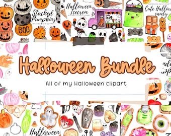 Watercolor halloween clipart bundle, large fall autumn, pumpkin, ghost, candy, spooky discount clipart bundle for commercial use