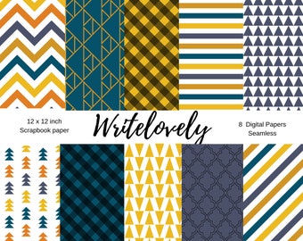Seamless  retro navy blue, orange yellow gold  scrapbook paper - stripe digital paper - chevron - classic - commercial use