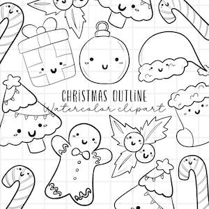 Kawaii kerstoverzicht clipart digitale stempel kleurboek leuke kerstkrabbels commercieel gebruik