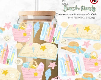 Summer Beach, Preppy Summer Bookish 16oz Glass Wrap PNG (Digital Download)