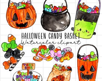 Halloween clipart, watercolor candy basket clipart, trick or treat illustration, PNG format commercial use